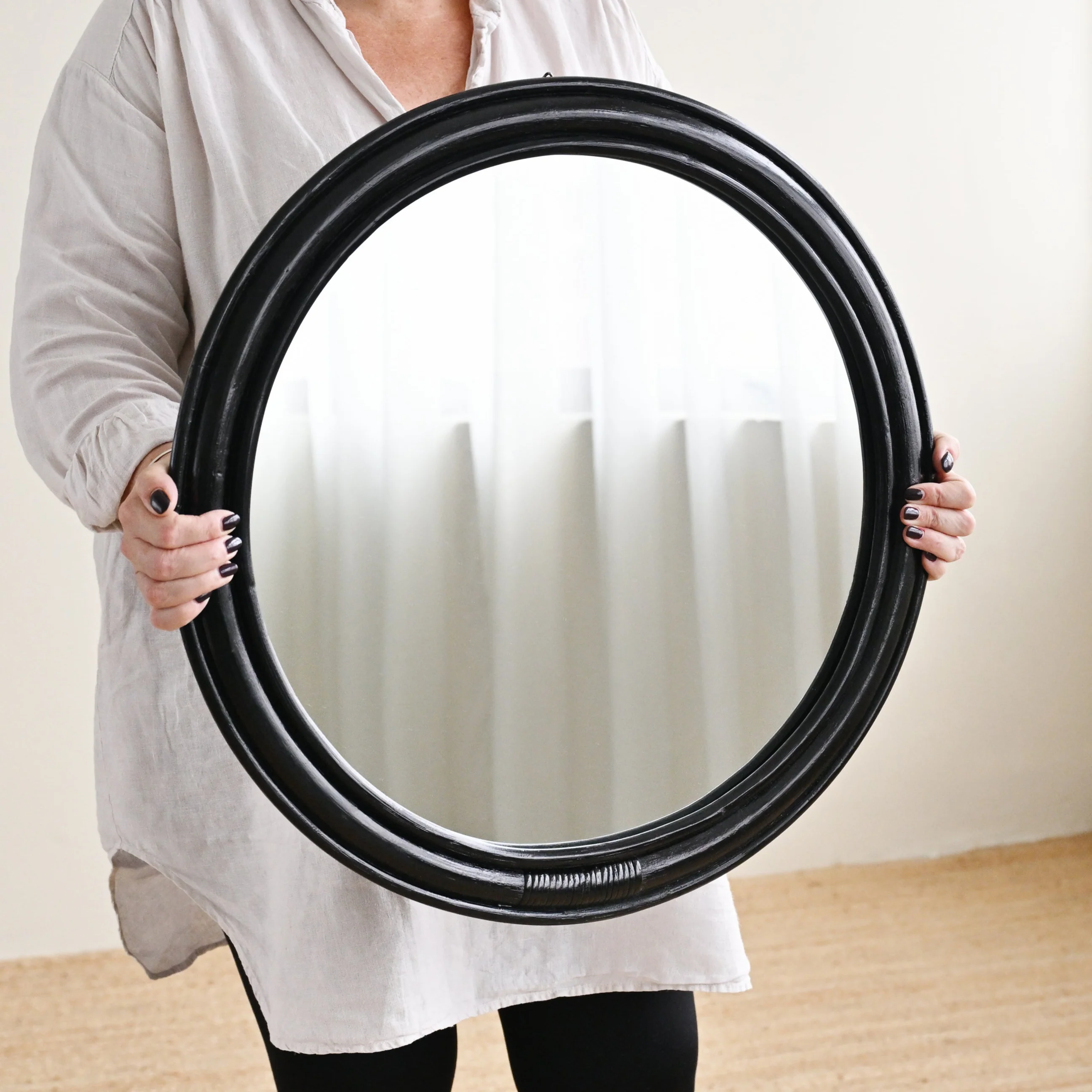 Black Round Rattan Mirror - Image 4
