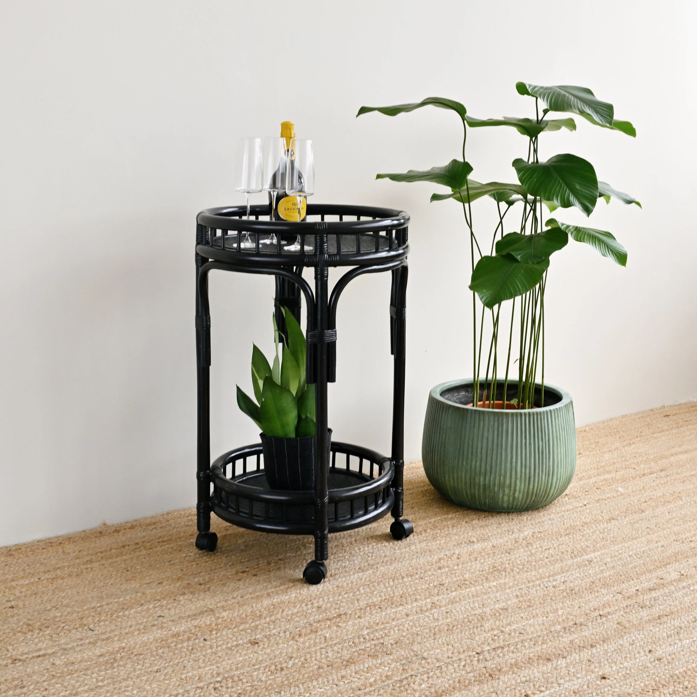 Sunshine Round Rattan Bar Cart - Black - Image 5