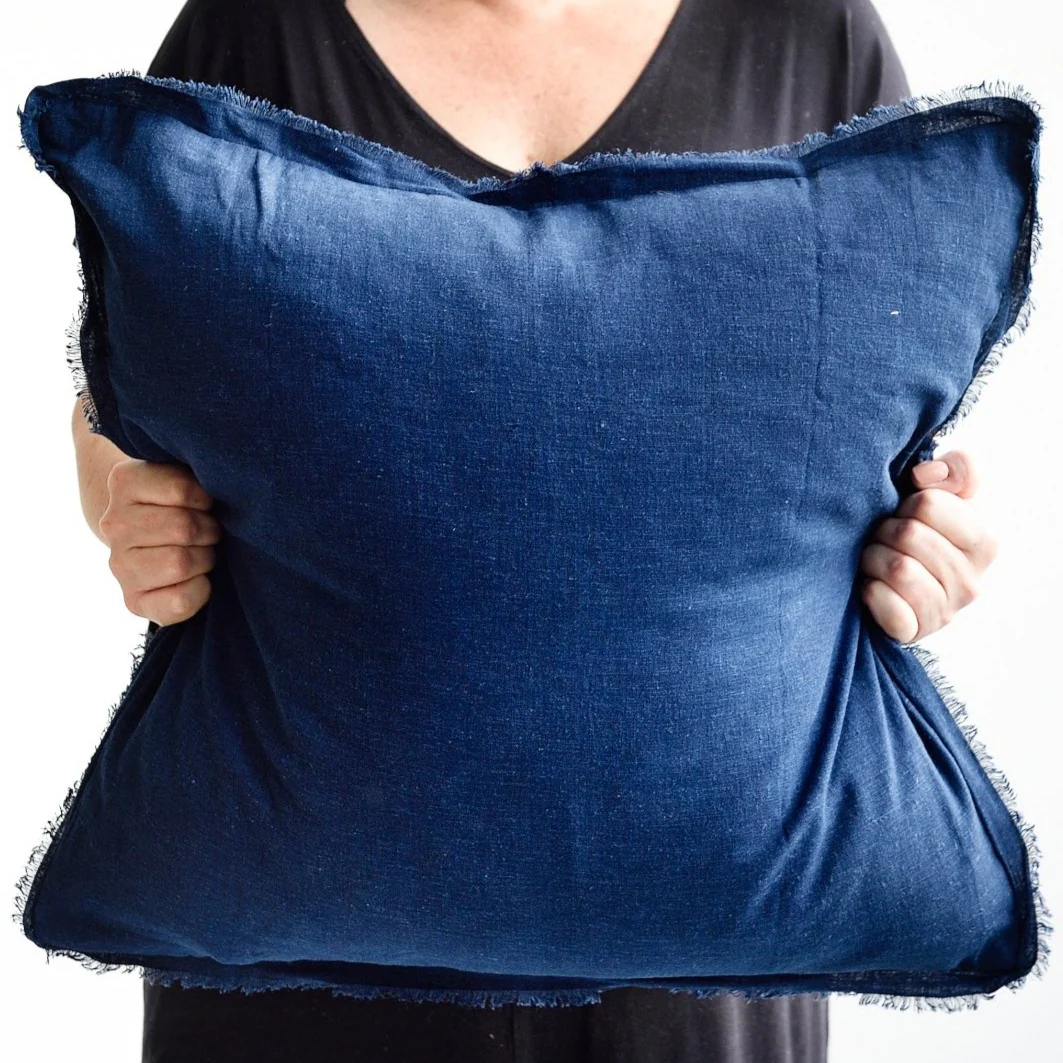 Navy Blue Freya Linen Square Cushion Cover - 55cm x 55cm - Image 4