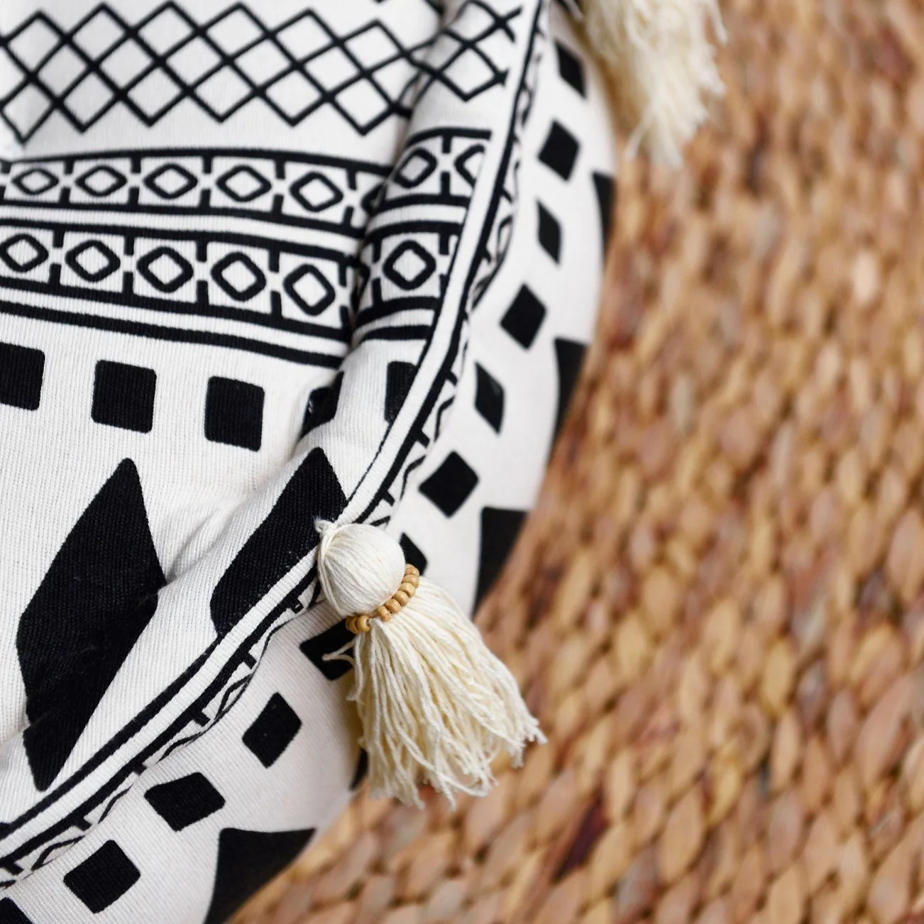 Round Aztec Linen Cotton Pouffe - Image 3