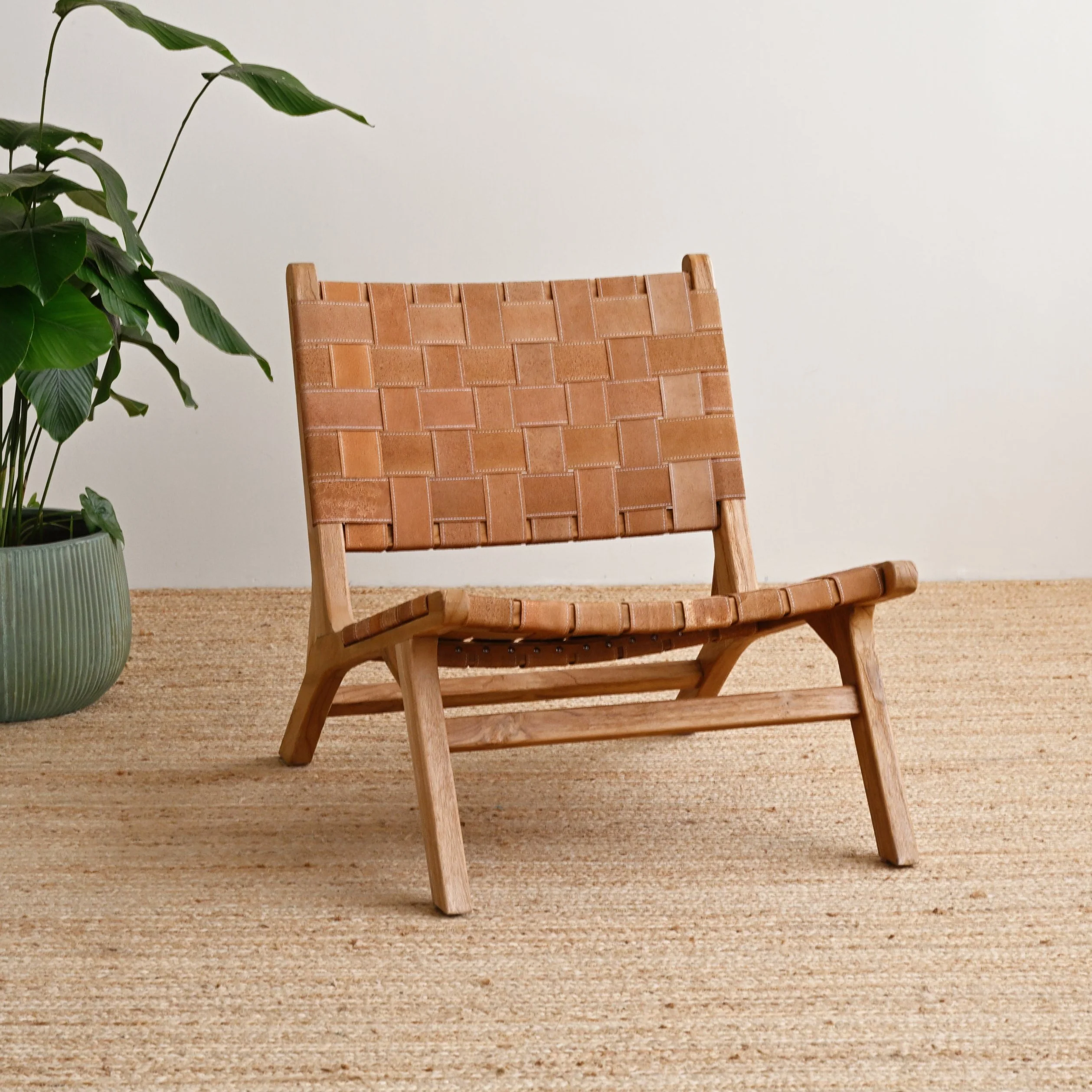 Strap Leather Lounge Chair - Light Brown - Image 2