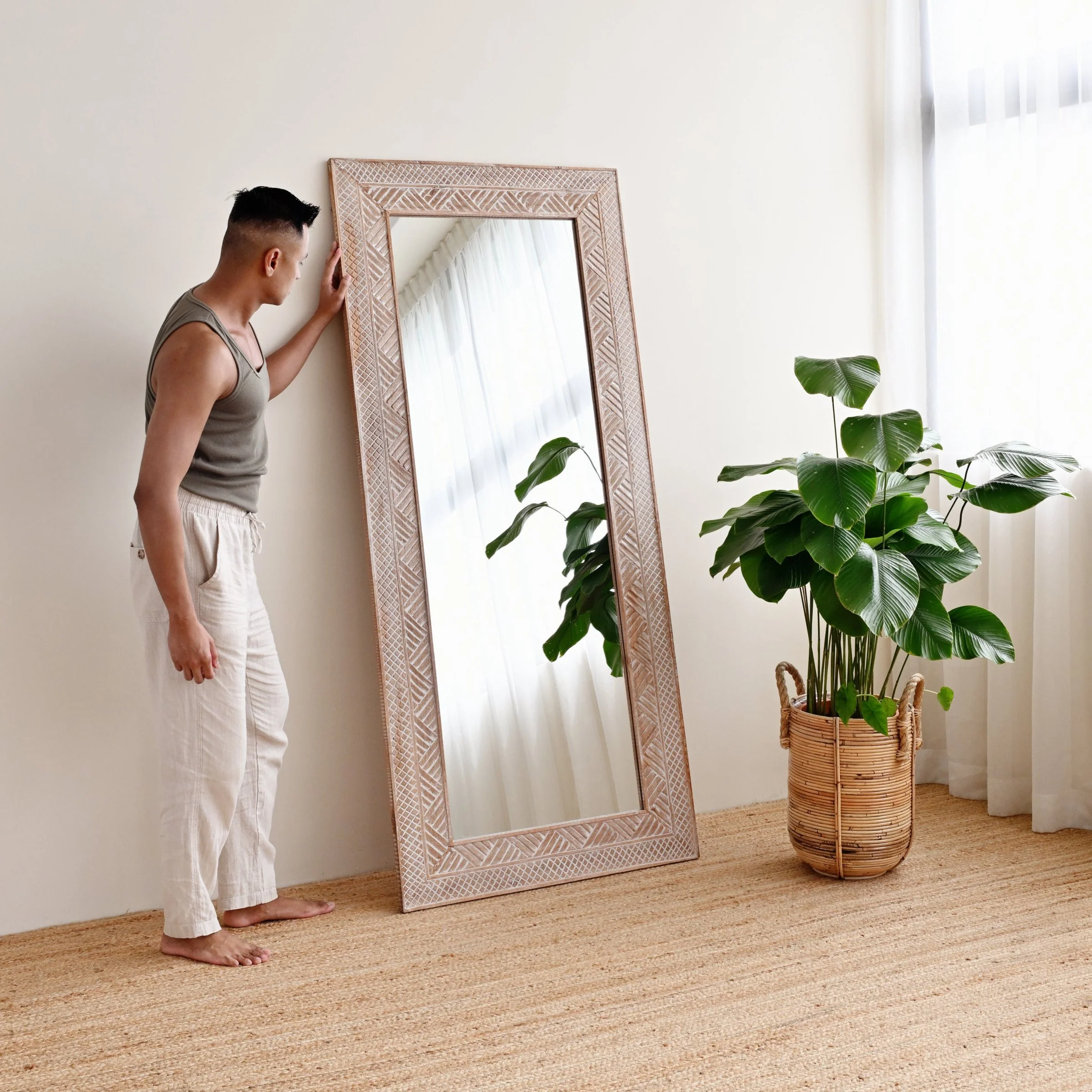 Manado White Washed Carved Mirror - 80cm x 180cm